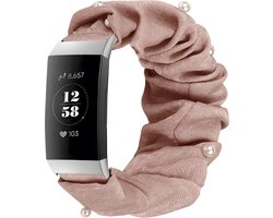 Strap-it Activity tracker bandje - Scrunchie nylon bandje - geschikt voor Fitbit Charge 3 / Fitbit Charge 4 - donkerbeige met namaakparels