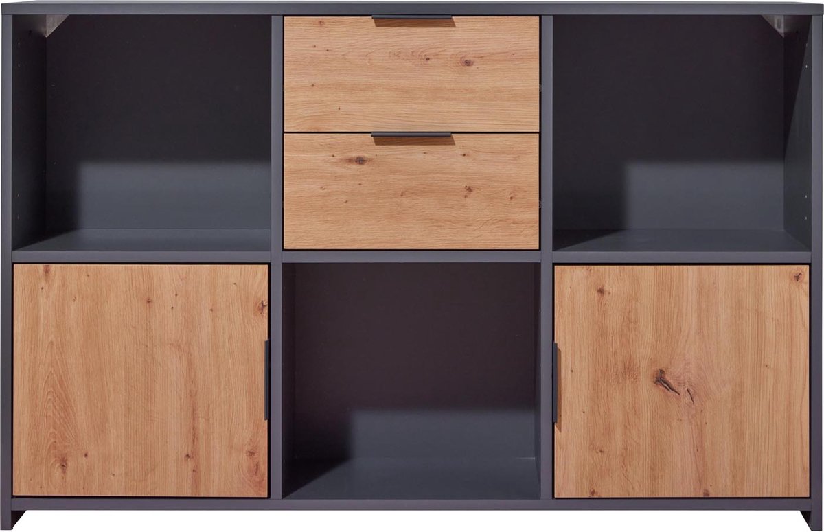 Multifunctionele kast Pepeto | 120 x 30 x 77 cm | Open en gesloten opbergruimte | Kleur: Antraciet - Interlink - Kasten - Bruin; Antraciet - MDF - Kasten -