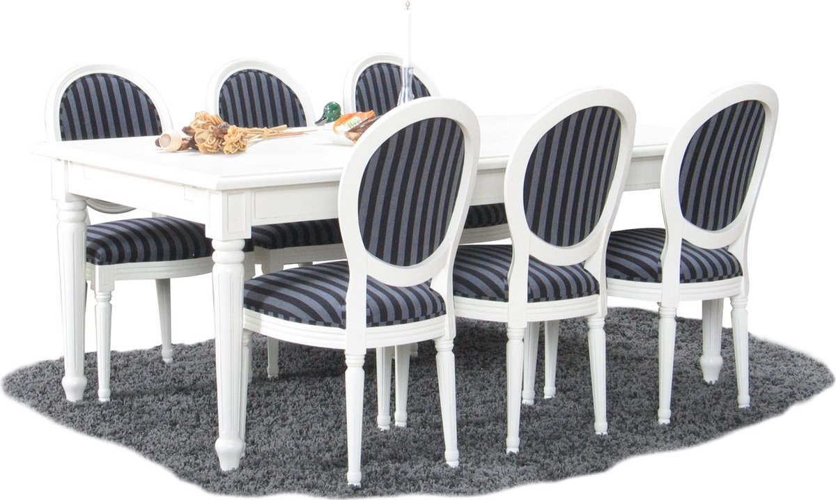 Mozart Rococo - Eethoek met 6 stoelen zwart grijs bekleed - 100x180 cm - Wit