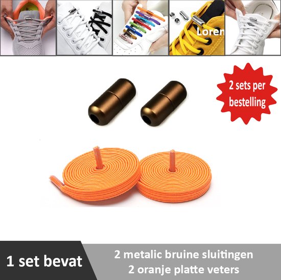 2 paar oranje platte elastische veters met metalic bruine sluitingen. Je hoeft voortaan nooit meer je veters te strikken.