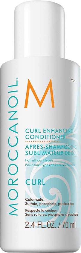 Kleine witte fles Moroccanoil "Curl Enhancing Conditioner" (2.4 FL.OZ. / 70 ml) met blauw golfpatroon.