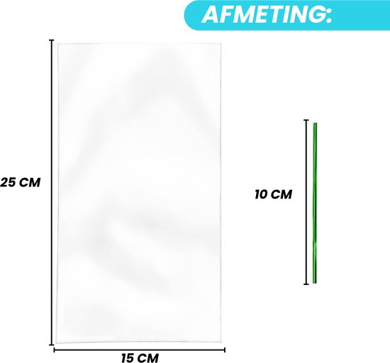 Afmetingen van de zakjes: 25 cm lengte, 15 cm breedte, 10 cm diepte.