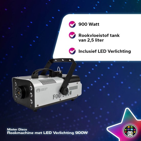 Rookmachine met LED Verlichting - 900W - Incl. Afstandsbediening - Mister Disco