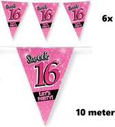 6x Vlaggenlijn Sweet 16 let`s Party 10 meter - Verjaardag thema feest festival themafeest party