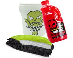 VooDoo Ride Wash en Wax pakket bestaande uit; 1 Emmer 10 Ltr met deksel, 1 x Wash & Wax XXL 2 ltr, 1 x Washmitt driezijdig gebruik.
