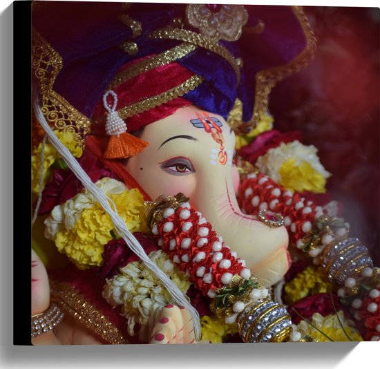 Canvas - Foto van Ganesha Beeld in Verschillende Kleuren met Bloemen - 40x40 cm Foto op Canvas Schilderij (Wanddecoratie op Canvas)