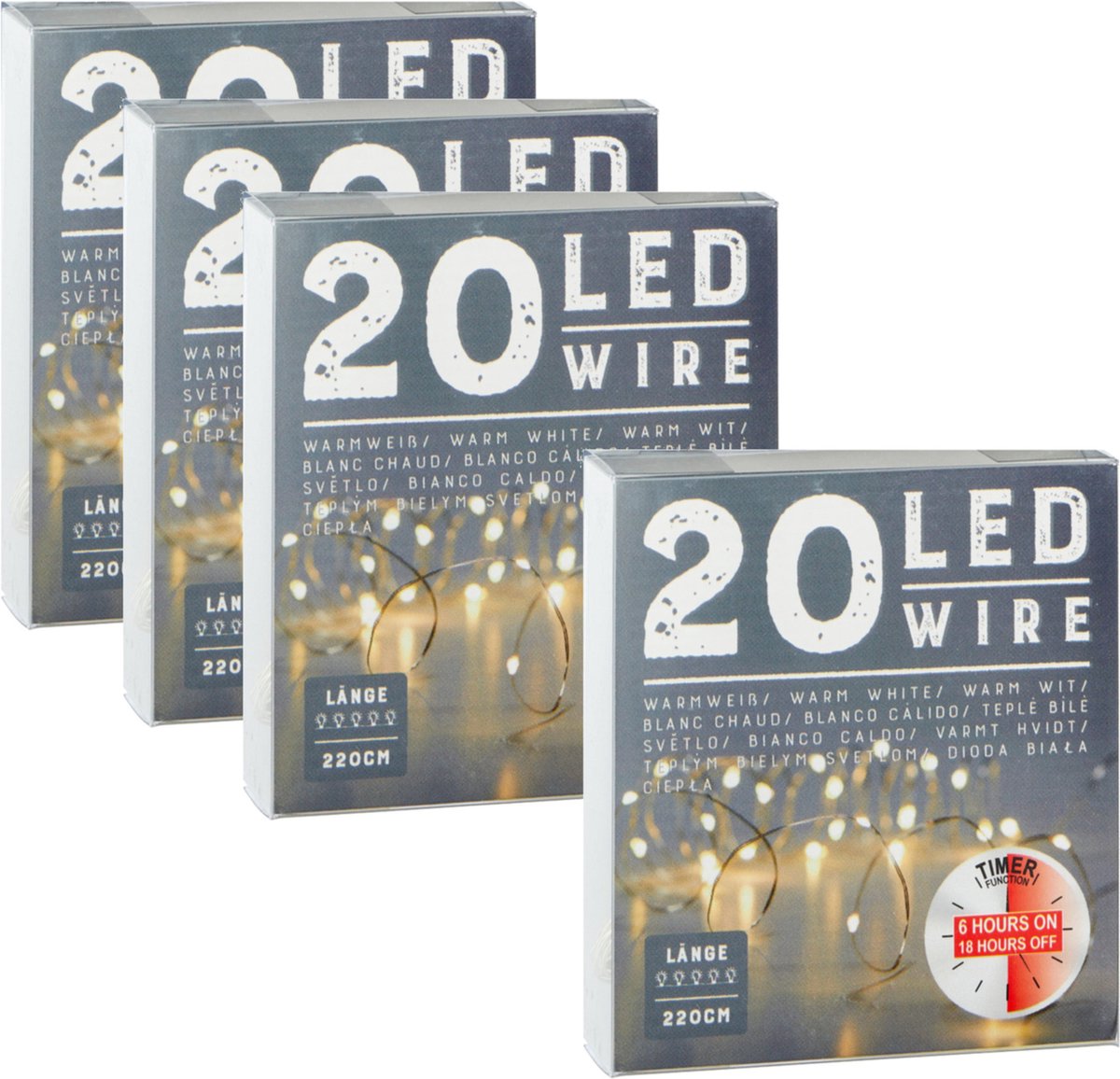 Draadverlichting lichtsnoer - 4x - 220 cm - 20 leds - warm wit - batterij - timer - kerstverlichting