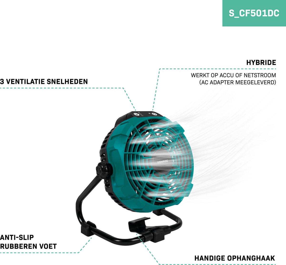 VONROC Ventilator 20V - voor draadloos en bedraad gebruik - Incl. netstroom adapter - Incl. 20V – 2.0Ah accu en snellader — afbeelding 5