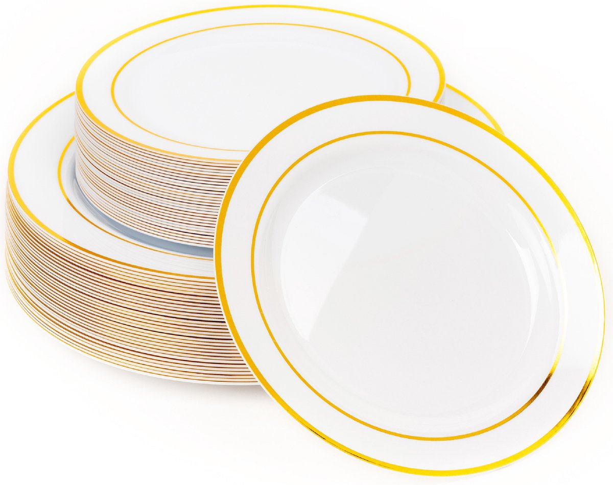 MATANA 25 Assiettes Blanches avec Bordure Dorée pour Mariages,  Anniversaires, Baptêmes, Noël & Fêtes, 26cm - Élégant, Solide &  Réutilisable : : Cuisine et Maison