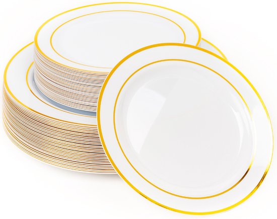 MATANA 60 Assiettes de fête réutilisables avec bordure dorée (Plastique, 30 x 26 cm, 30 x 19 cm) - Passe au lave-vaisselle