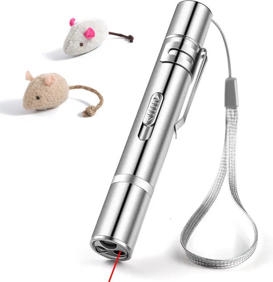3 In 1 - LED Katten Laser - - Huisdier Interactief LED-licht Speelgoed - USB Oplaadbaar - - Honden En Poezen Laser Pen - Met Zaklamp En UV Licht Functie - Zilver