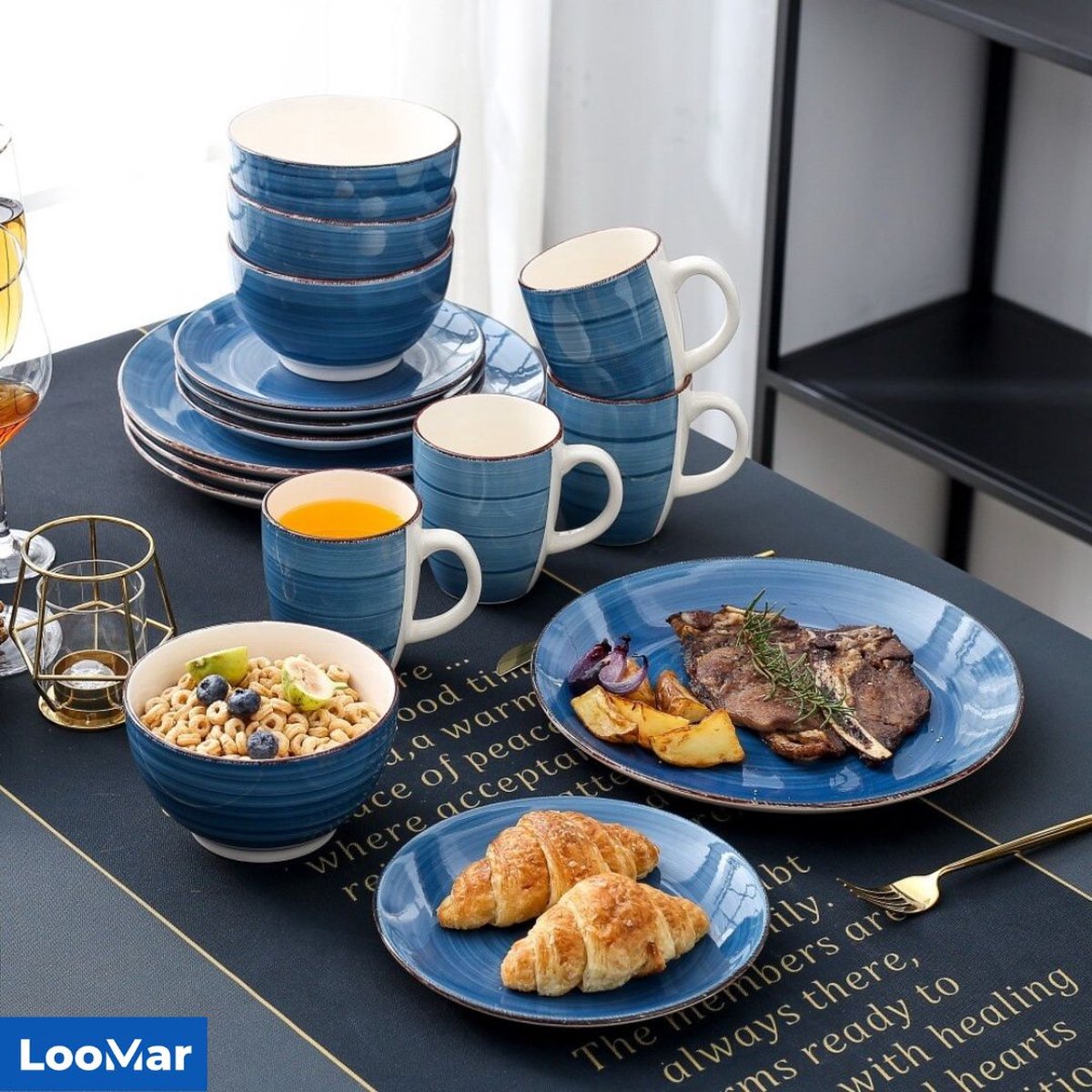 LooMar Luxe Serviesset – 32 delig – 8 persoons – Porselein - Bordenset – Dinner platen – Dessertborden - Kommen - Mokken - Set - Blauw - Wit
