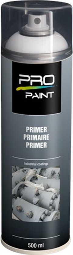 Pro-Paint primer spray, 500 ml, met het opschrift "PRIMER PRIMAIRE PRIMER" en "Industrial coatings".