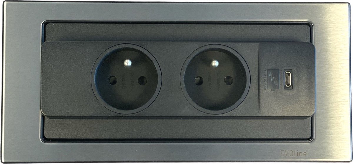 Evoline backflip rvs 2x stopcontact en USB-C lader