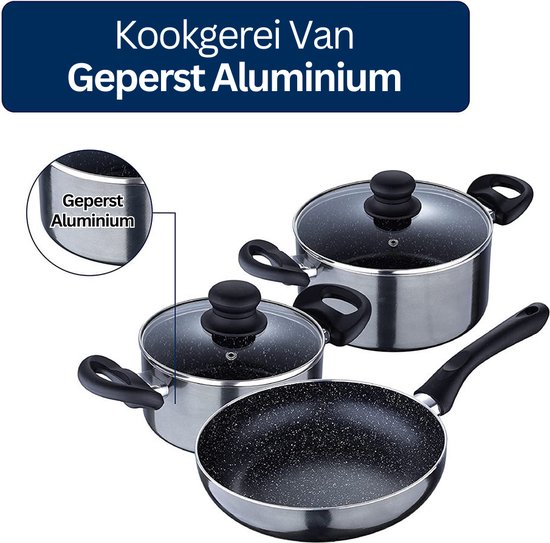 Gratyfied Pannenset Inductie Vrijstaand - Koekenpan Inductie Met Glazen Deksel - 3 Stuks - Zwart