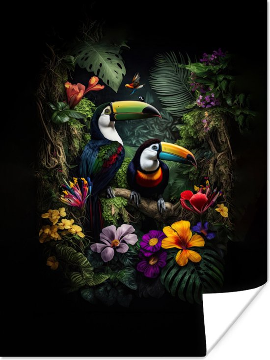 Poster Toekan - Bloemen - Tropisch - Jungle - Vogel - 60x80 cm