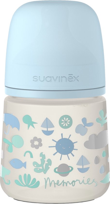 Babyflesje - Suavinex Memories Slow Flow Blauw 150ml Silicone Fles SXSMX1072274