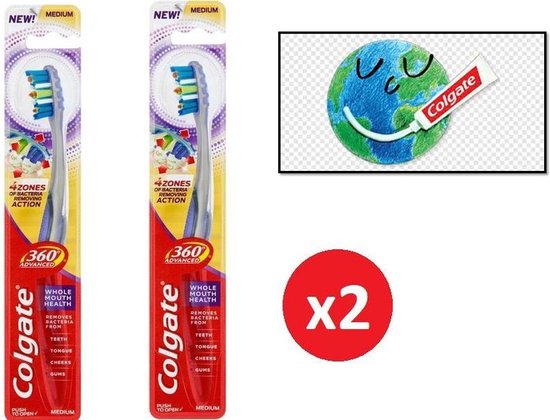 Deux brosses à dents avancées Colgate 360°, medium, avec 4 zones d'action anti-bactérienne.