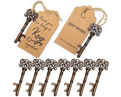 Flesopener voor bruiloft - 50x Stuks - 8 cm - Souvenirs Vintage Bier Opener Sleutelhanger met Kartonnen - Sleutel flesopener huwelijk - Bieropener sleutelhanger - Bruin