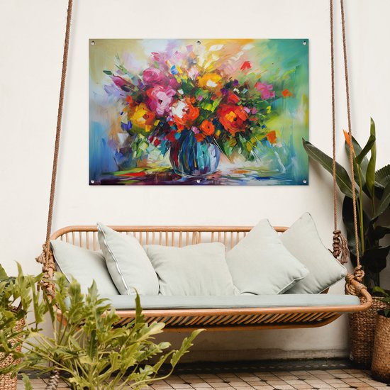 Affiche de jardin Fleurs - Coloré - Pot de fleurs - Peinture à l'huile - 130x80 cm - Décoration murale Extérieur - Affiche de jardin - Toile de jardin - Affiche de clôture - Tableau de jardin