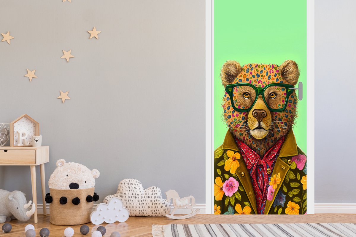 Deurposter 90x215 cm - Deursticker Beer - Kleuren - Bril - Dier - Bloemen - Meubelfolie ze