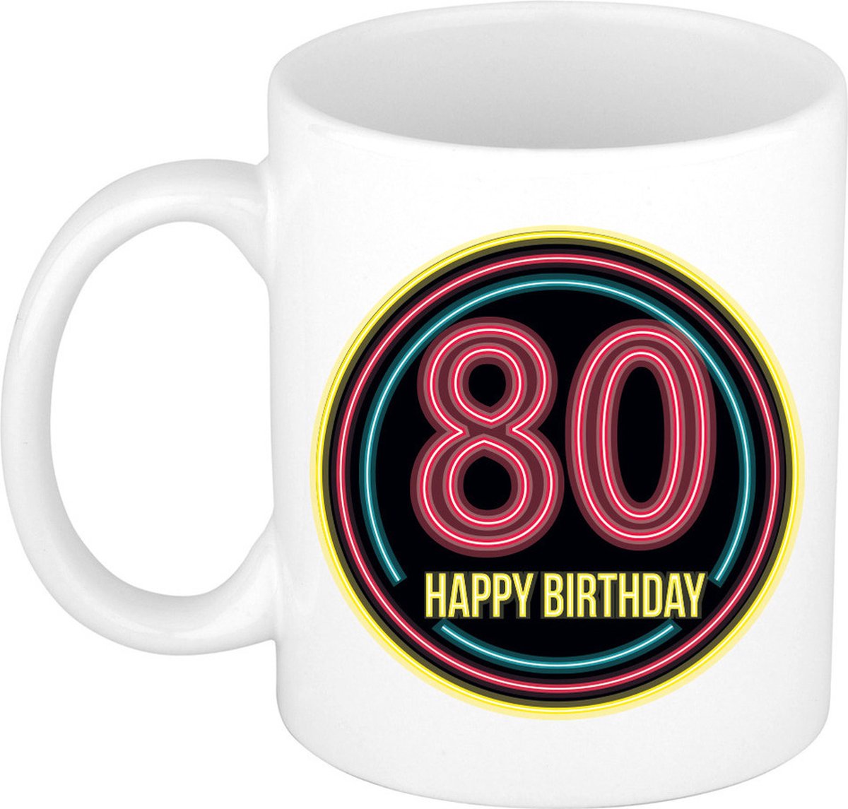 Bellatio Decorations Verjaardag mok / beker - happy birthday 80 jaar - neon - 300 ml