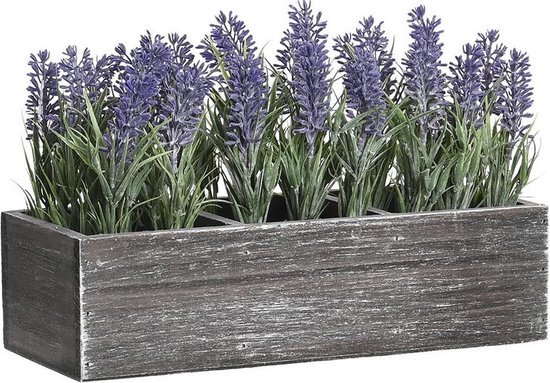 Items Lavendel bloemen kunstplant in bloembak - paarse bloemen - 34 x 14 x 19 cm - bloemstukje