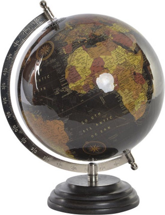 Items Deco Wereldbol/Globe op voet - kunststof - zwart - home decoratie artikel - D20 x H28 cm