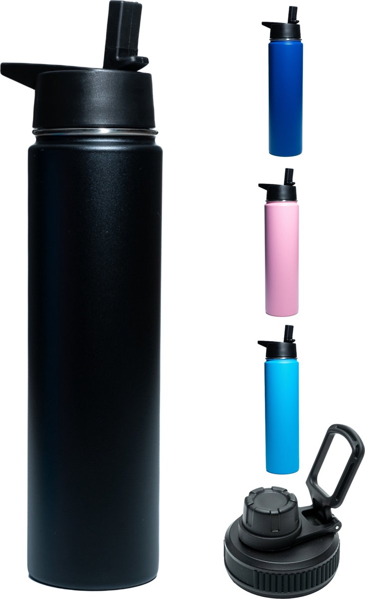 Drinkfles - Onyx Black - 700 ML - Extra Dop Met Rietje & Drinktuit - Waterfles Met Rietje - Isoleerfles - BPA vrij - Lekvrij