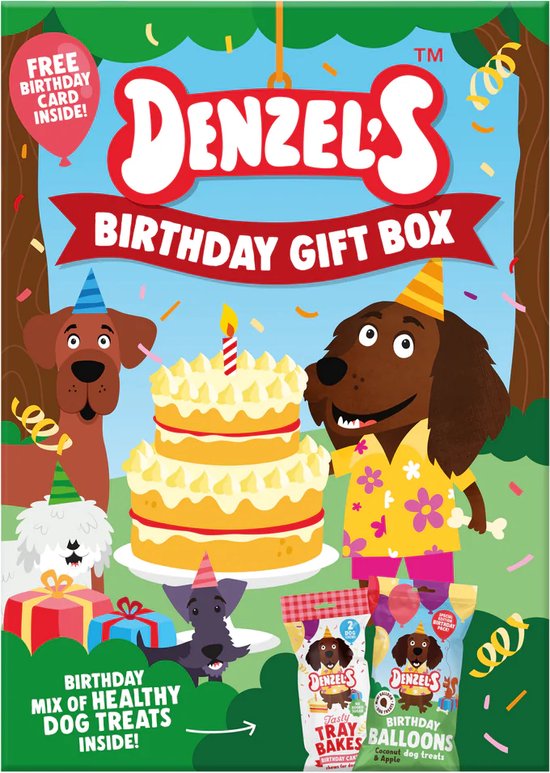 Denzel's - Hondensnack - Verjaardags kado box - Ballonnen koekjes - Verjaardagscake dental sticks