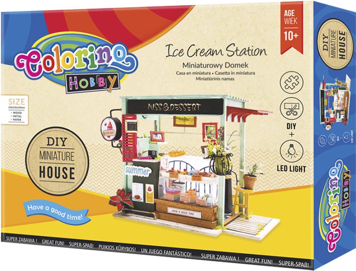 Colorino-miniatuur huisje- DIY Ice Cream Station- Met Led verlichting-Hout metaal papier-Miniatuur bouwpakket-Volwassenen, kinderen10+