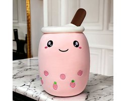 Klikkopers® - Bubble Tea Knuffel XXL - 45cm tot 50cm - Aardbei - Boba Tea Knuffel - Roze - Kawaii Kussen