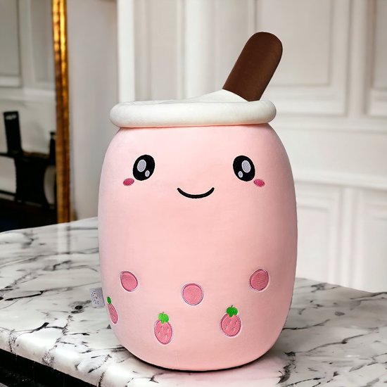 Klikkopers® - Bubble Tea Knuffel XXL - 45cm tot 50cm - Aardbei - Boba Tea Knuffel - Roze - Kawaii Kussen