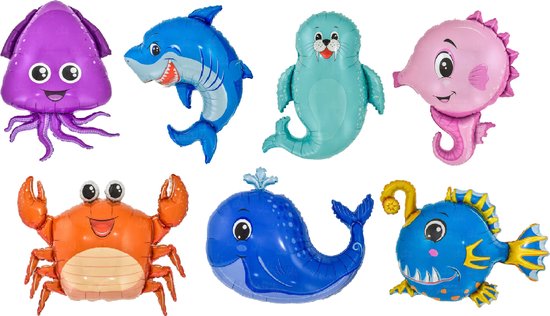 Zeedieren ballonnen set - XXL - 7 stuks - Folie ballonnen - Ballonnen - Verjaardag - Onderwater - Folie ballonnen - Versiering - Ballonnen - Thema feest - Water - Zee - Krab - Zeester - Inktvis - Walvis - Dolfijn - Zeepaard - Vissen - Vis - Zeehond