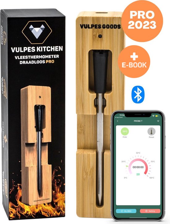 Vulpes Kitchen® Vleesthermometer Pro - Draadloos - Bluetooth & App - 2 in 1 Oventhermometer - RVS & Fast Charger - 30 meter