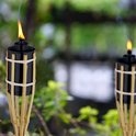 Twee bamboe tuinfakkels met zwarte houder en witte banden, brandend in een groene tuin.