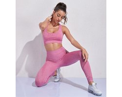 New Age Devi - Sport outfit - High Waist Squatproof Yoga legging - Crop Top met lange mouw - Roze - Maat Small