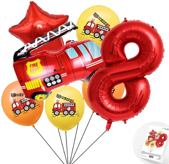 Cijfer ballon 8 jaar Brandweer Themafeest Ballonnenpakket - Rood - Zwart - Helium Ballon - Snoes