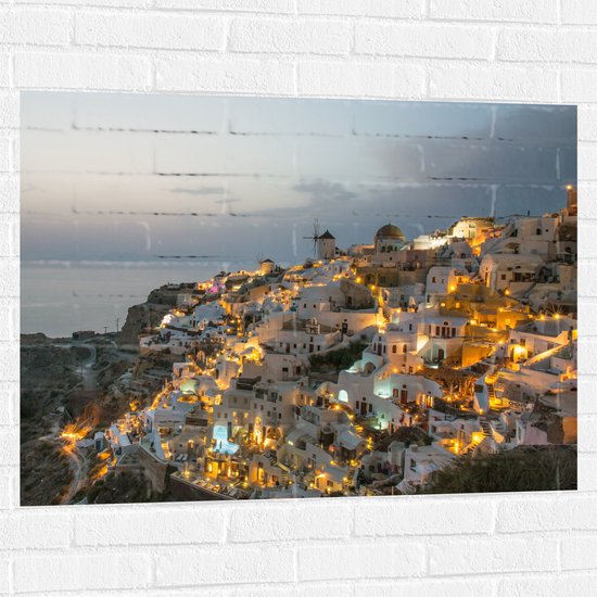 Muursticker - Verlichte Huisjes in Santorini, Griekenland - 100x75 cm Foto op Muursticker