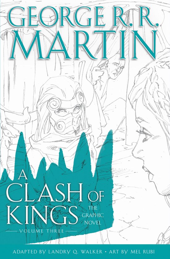 Boekomslag voor 'A Clash of Kings, Volume Three' met tekeningen van personages en de titel.