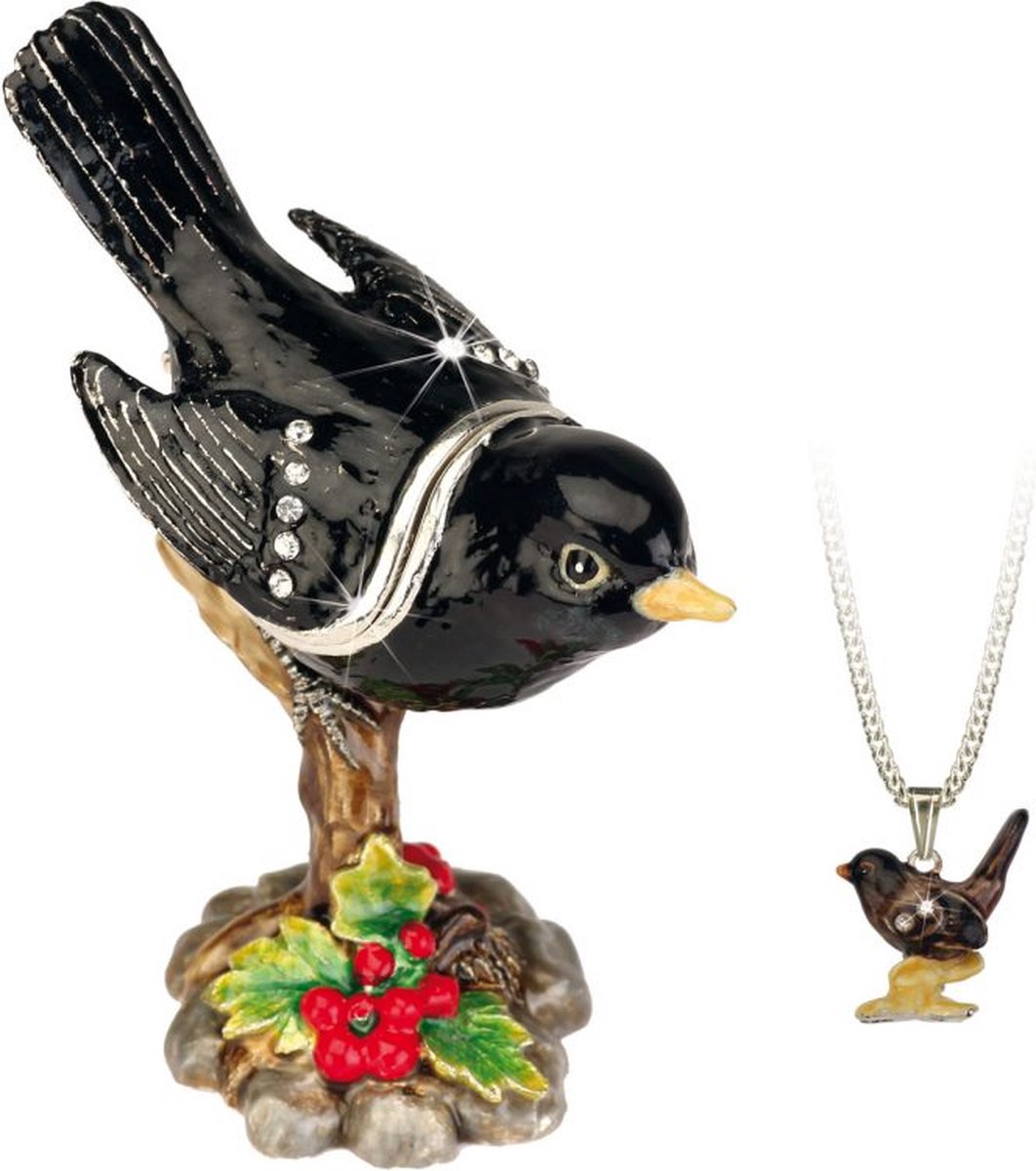 Goedkoopste MadDeco - zwarte vogel - emaille - pillendoosje met hangertje afgewerkt met kristal - geheime verborgen schatten