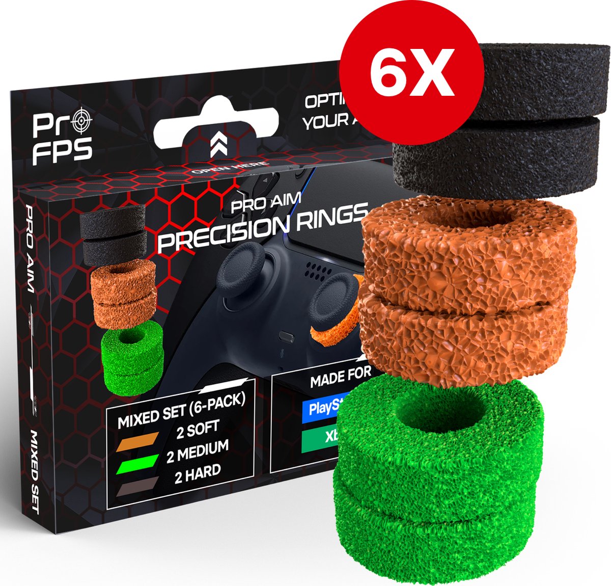 ProFPS Precision Rings geschikt voor PlayStation 4 (PS4), PlayStation 5 (PS5) & Xbox Controller - eSports Gaming Accessoires - Soft/Medium/Hard Thumb Grips - 6 stuks