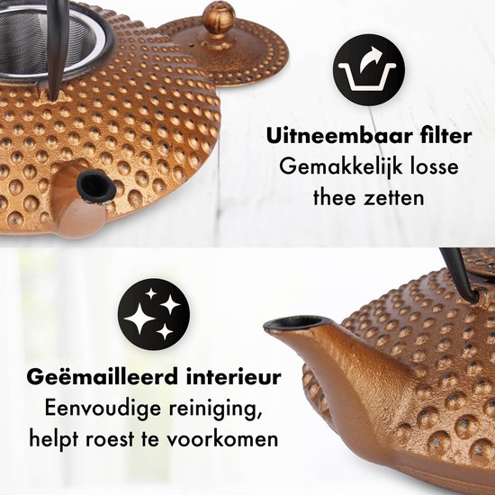 Tealøv THEE SET 1,1 LITER GIETIJZER | COMPLETE SET Gietijzeren Theepot met Roestvrijstalen Zeef, Gietijzeren Theekopjes en Onderzetter | Thee Set in Authentiek Japanse Stijl | Arare Zwart/Goud