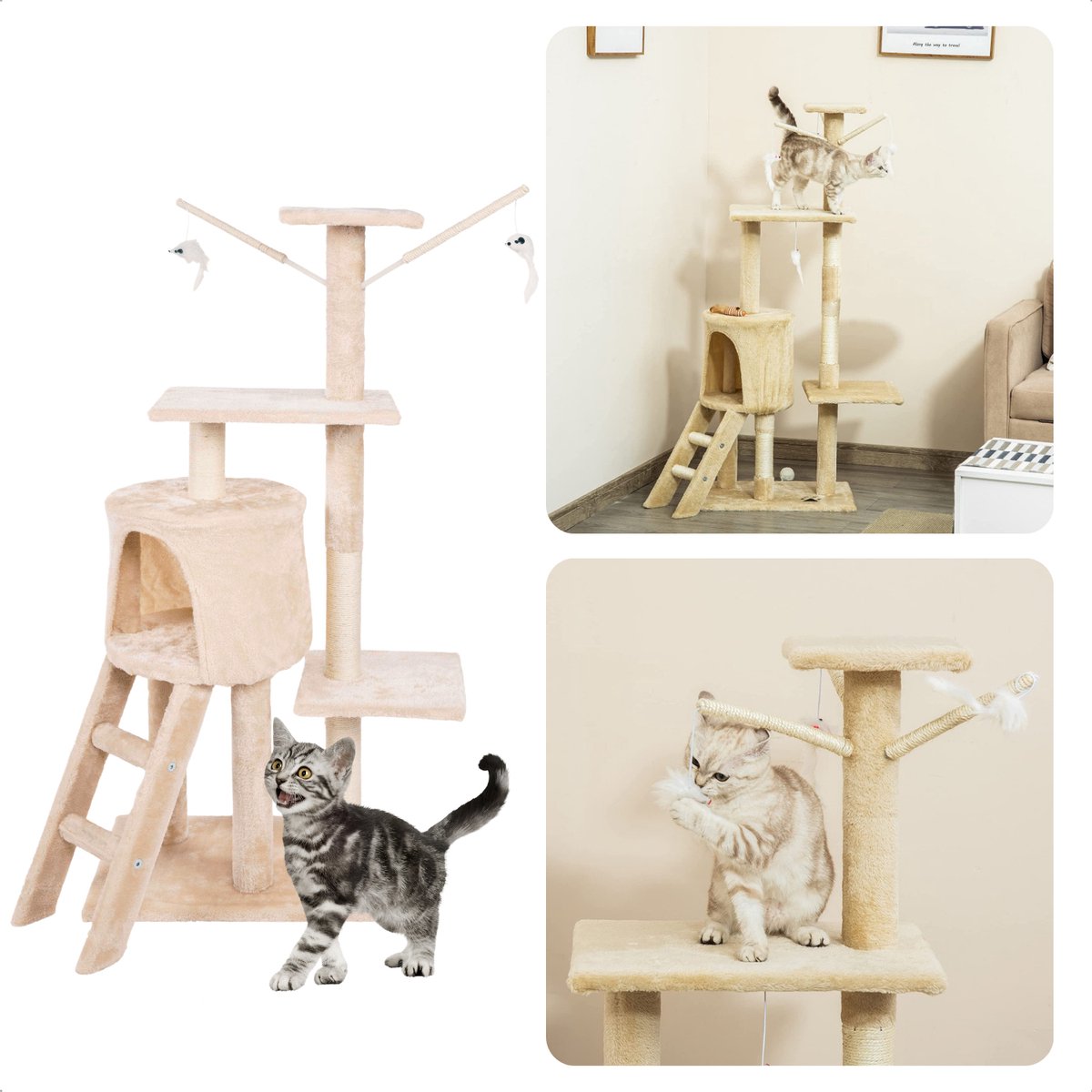 Cheqo® XL Kattenkrabtoren Wit - Krabtoren - Krabpaal - Huis voor Katten - Krabton - Kattenhuis - 45x30x110cm - Beige - 6 Palen, 4 Planken, 1 Ladder, 1 Nest, 2 Speelgoedmuizen met Stokken en Touw