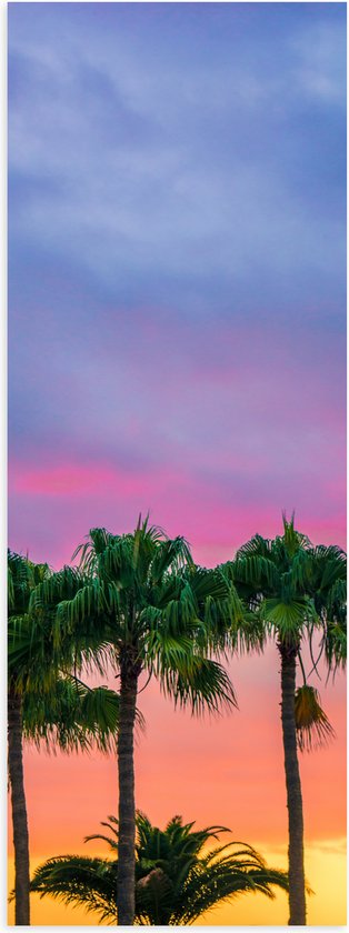 WallClassics - Poster Glanzend – Palmbomen met Kleurrijke Lucht - 30x90 cm Foto op Posterpapier met Glanzende Afwerking