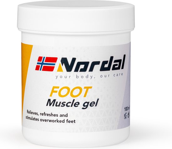 Pot Nordal Foot Muscle Gel met deksel, met tekst 'Relieves, refreshes and stimulates overworked feet'