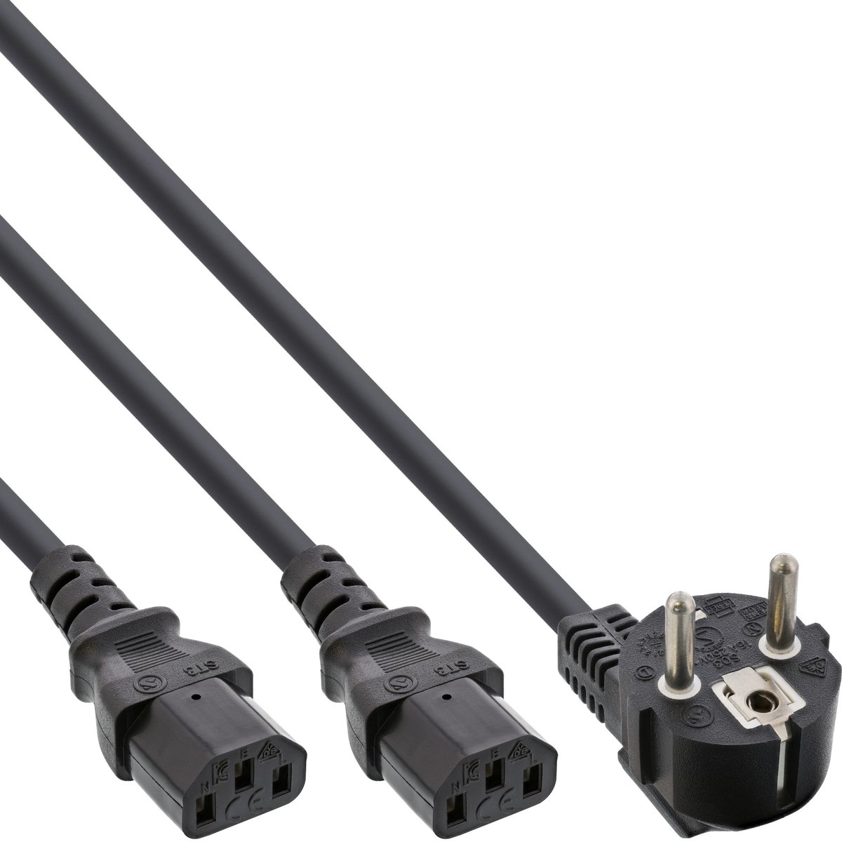 2x C13 - CEE 7/7 (haaks) Y-stroomkabel - 1,50m + 2x 1,50m - 3x 1,00mm / zwart - 3 meter