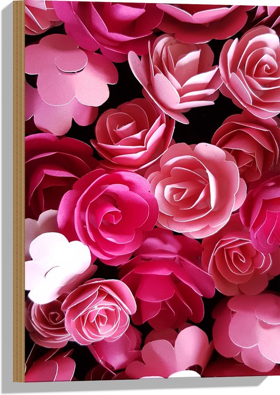 WallClassics - Bois - Roses en papier origami en rose - 40x60 cm - 9 mm d'épaisseur - Photo sur bois (avec système de suspension)