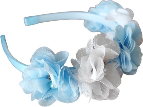 Diadème Filles avec Roses - Communion - Spring Party - Accessoires pour cheveux - Bleu Doux - Wit