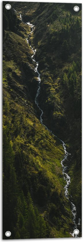 WallClassics - Tuinposter – Klein Stromend Water tussen Dichtbegroeide Groene Bomen - 30x90 cm Foto op Tuinposter (wanddecoratie voor buiten en binnen)